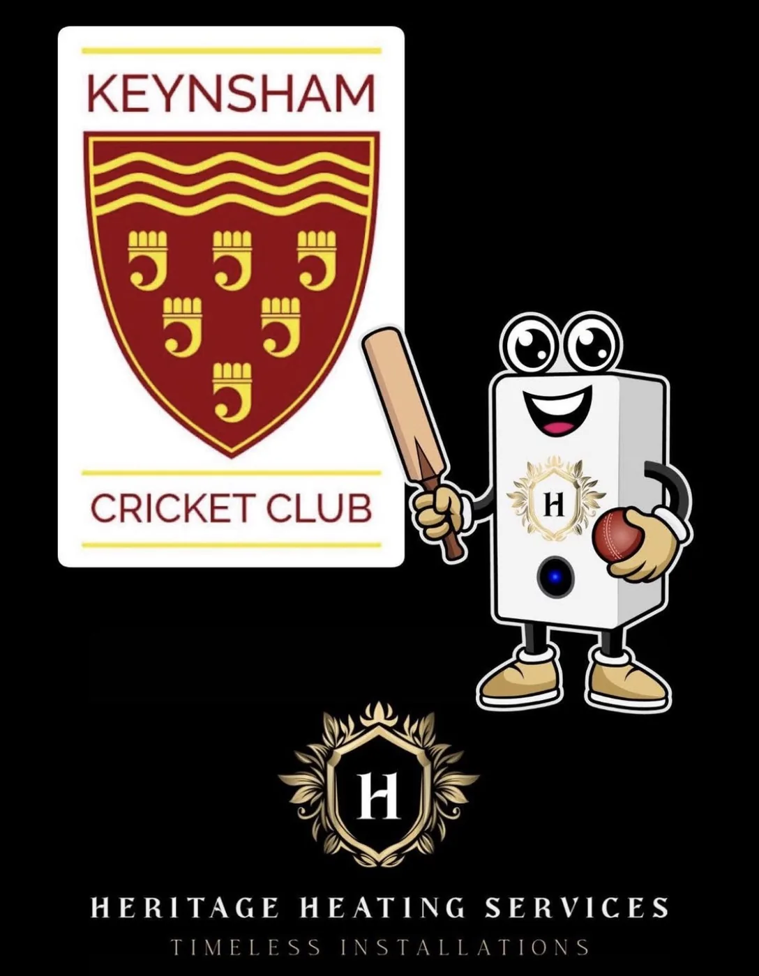 Heritage Heating Services proudly sponsoring Keynsham Cricket Club, with the club crest and Heritage mascot