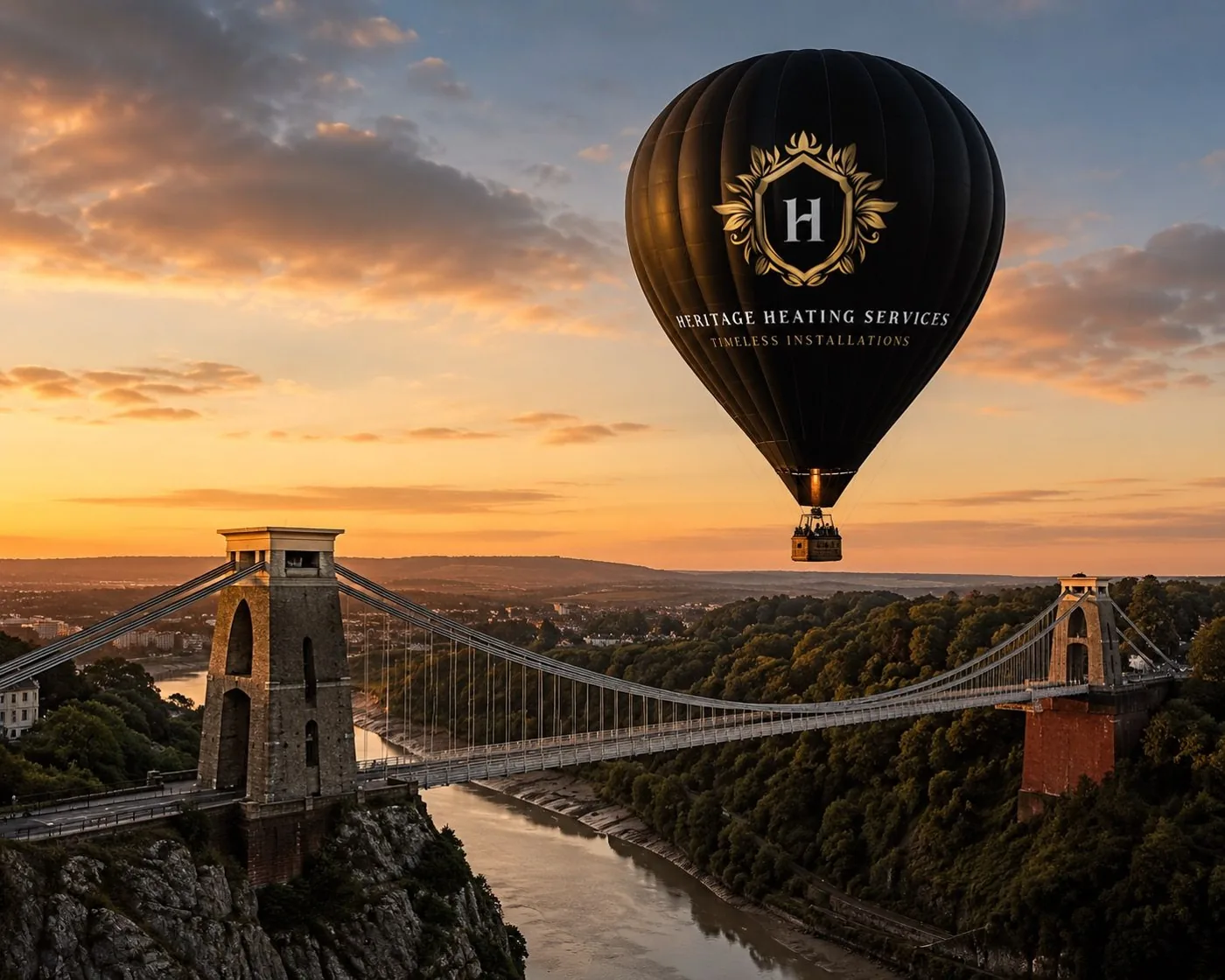 Heritage Heating Services branded hot air balloon over the Clifton Suspension Bridge in Bristol