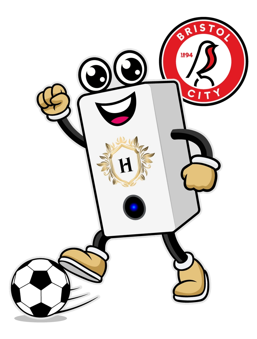 Heritage Heating Services mascot with the Bristol City FC crest