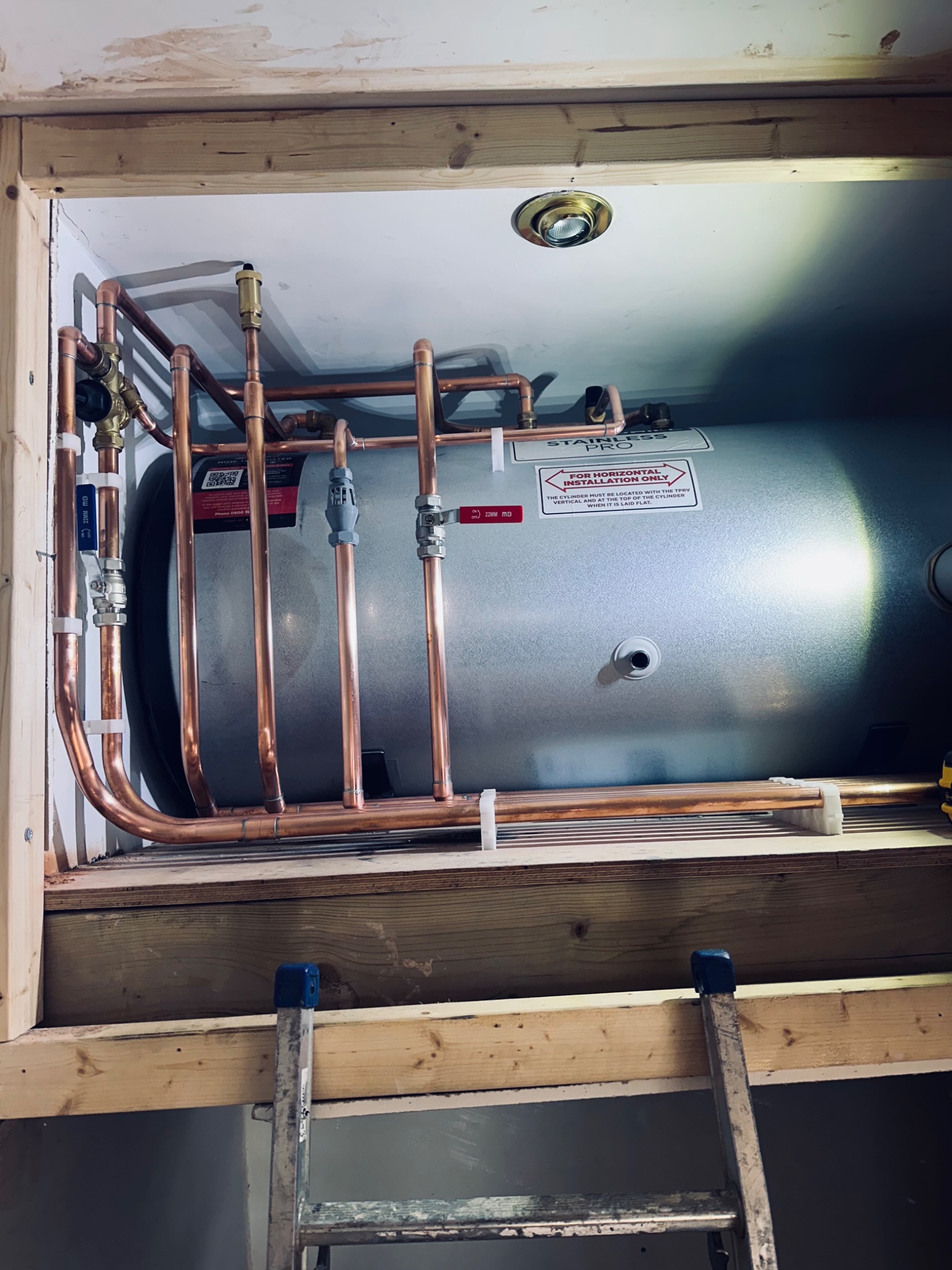 New copper pipework and valves on a 300 litre horizontal unvented cylinder in Bath