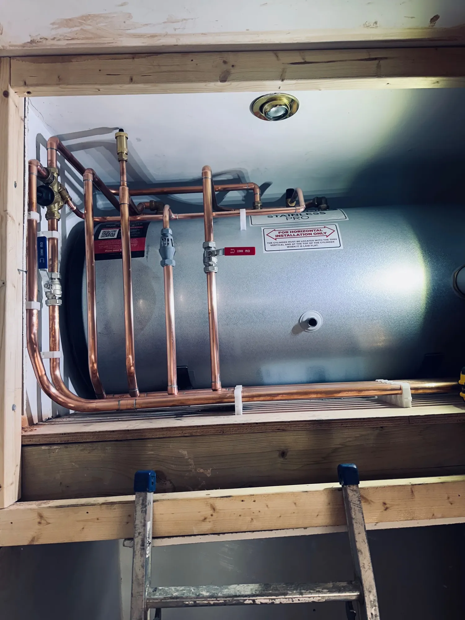 New copper pipework and valves on a 300-litre horizontal unvented cylinder in Bath